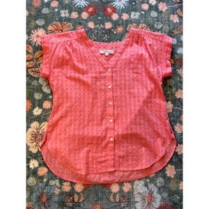 LOFT Womens Swiss Dot Button Down Blouse Coral Pink Cotton V-Neck Top Medium